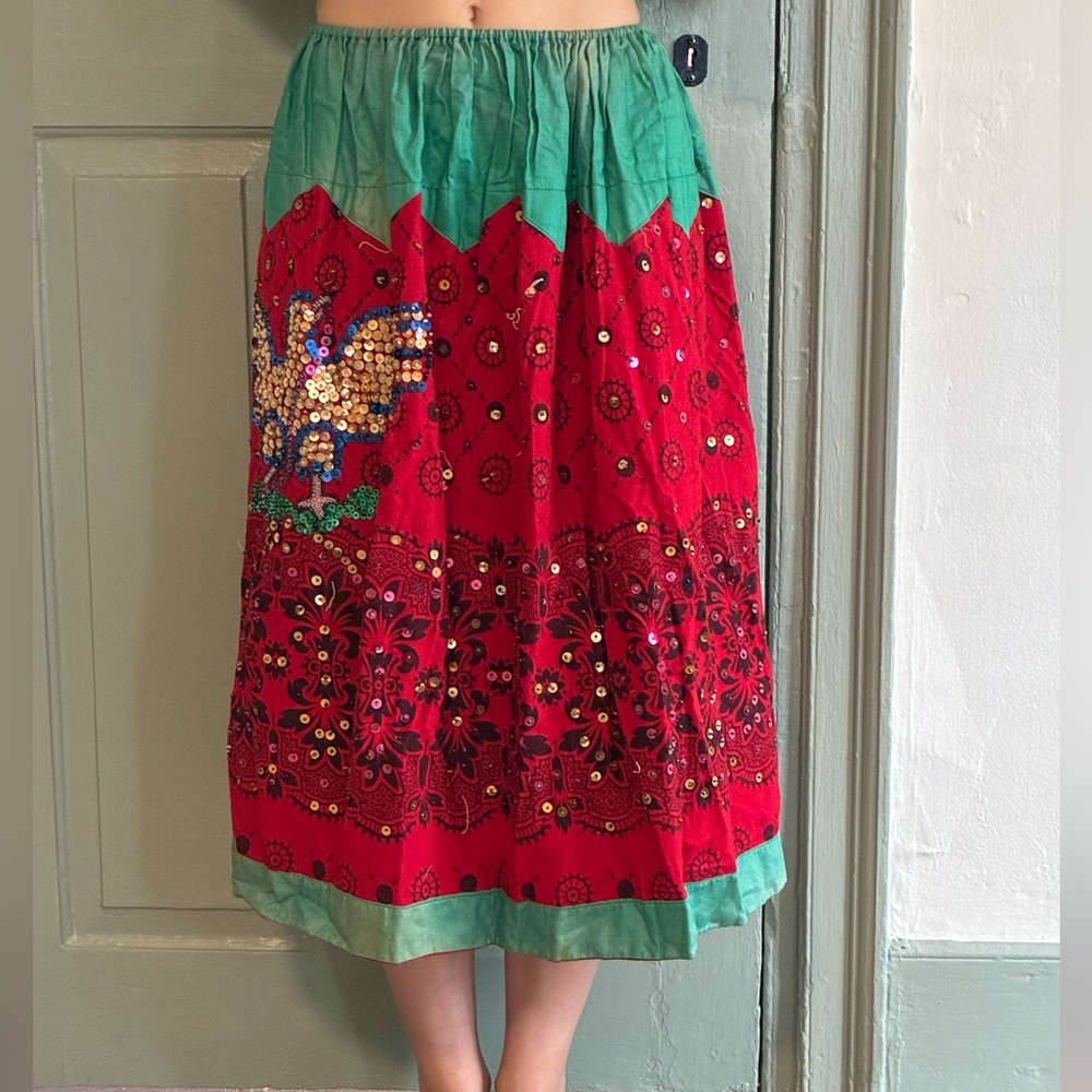 Red & Green Embellished Boho Midi Skirt